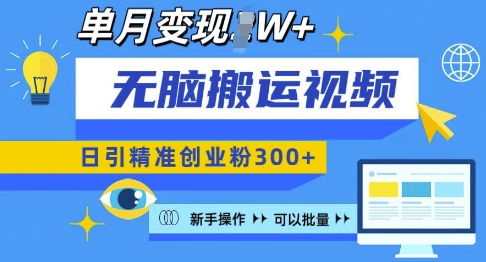 无脑搬运视频号可批量复制，新手即可操作，日引精准创业粉300+，月变现过W 【揭秘】-极速轻创