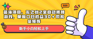 蓝海项目，龙之谷2全自动搬砖游戏，单窗口日收益30＋可批量矩阵-极速轻创