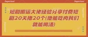 短剧搬运大佬经验分享付费短剧20天撸20个(他能吃肉我们就能喝汤)-极速轻创