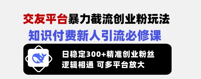 交友平台暴力截流创业粉玩法，知识付费新人引流必修课，日稳定300+精准创业粉丝，逻辑相通可多平台放大-极速轻创