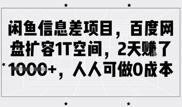 闲鱼信息差项目，百度网盘扩容1T空间，2天收益1k+，人人可做0成本-极速轻创