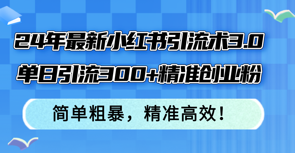 24年最新小红书引流术3.0，单日引流300+精准创业粉，简单粗暴，精准高效！-极速轻创