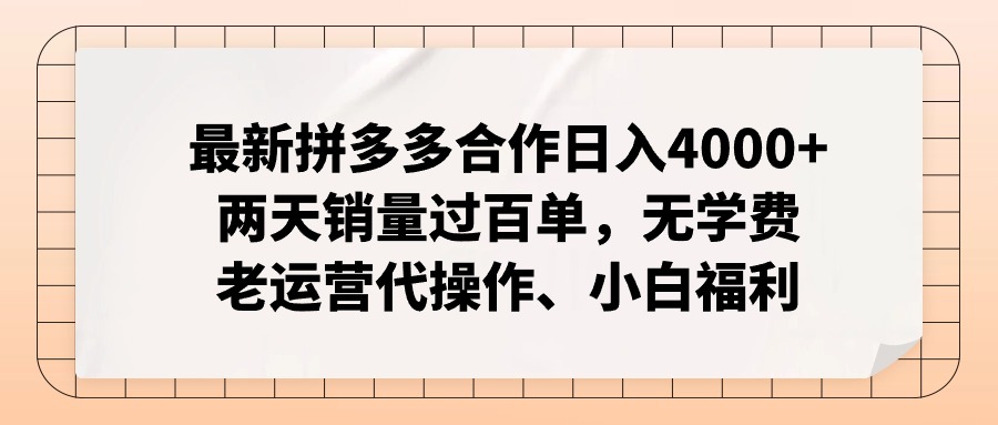 拼多多最新合作日入4000+两天销量过百单，无学费、老运营代操作、小白福利-极速轻创