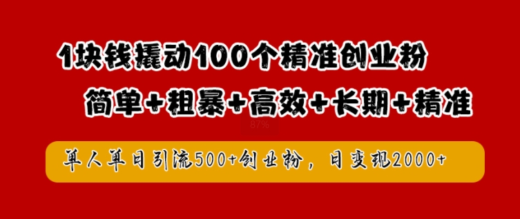 1块钱撬动100个精准创业粉，简单粗暴高效长期精准，单人单日引流500+创业粉，日变现2k【揭秘】-极速轻创