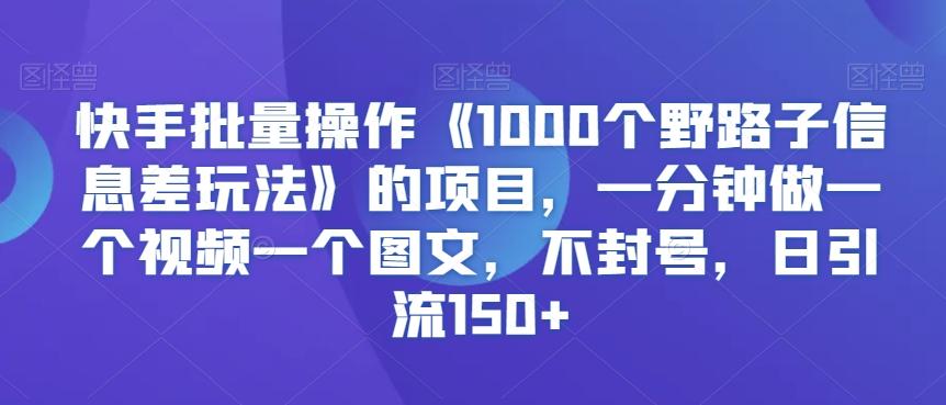 快手批量操作《1000个野路子信息差玩法》的项目，一分钟做一个视频一个图文，不封号，日引流150+【揭秘】-极速轻创
