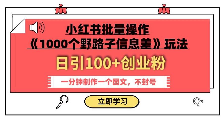 小红书批量操作《1000个野路子信息差》玩法，一分钟制作一个图文，不封号，日引100+创业粉-极速轻创