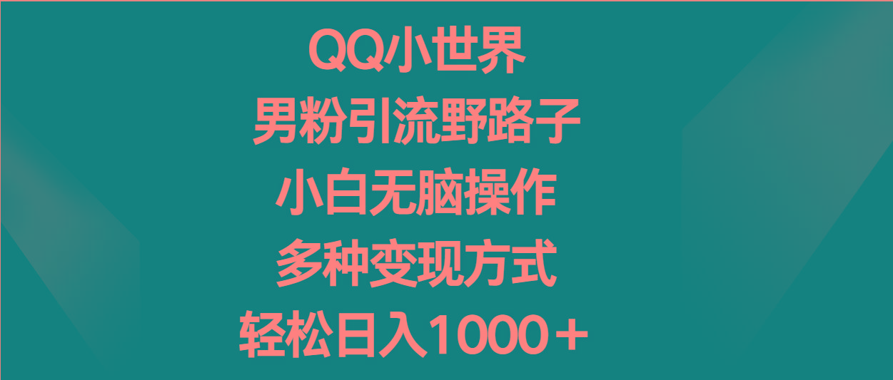QQ小世界男粉引流野路子，小白无脑操作，多种变现方式轻松日入1000＋-极速轻创