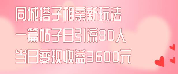 同城搭子相亲新玩法一篇帖子引流80人当日变现3600元(项目教程+实操教程)【揭秘】-极速轻创