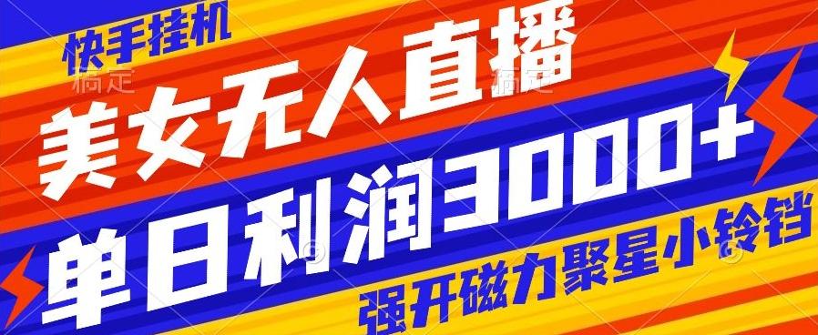 快手挂机，美女无人直播，强开磁力聚星小铃铛，日入3000+-极速轻创