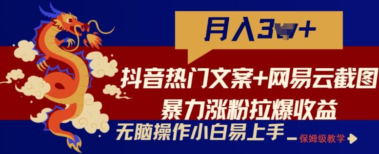 抖音热门文案+网易云截图暴力涨粉拉爆收益玩法，小白无脑操作，简单易上手【揭秘】-极速轻创