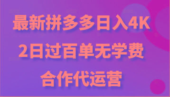 最新拼多多，日入4K+，2日过百单无学费，合作代运营-极速轻创