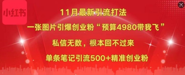 小红书11月最新图片打粉，一张图片引爆创业粉，“预算4980带我飞”，单条引流500+精准创业粉-极速轻创