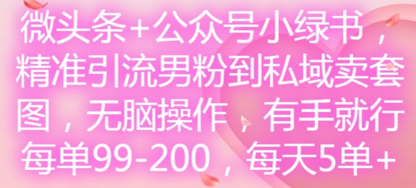 微头条+公众号小绿书，精准引流男粉到私域卖套图，无脑操作，有手就行，每单99-200，每天5单-极速轻创